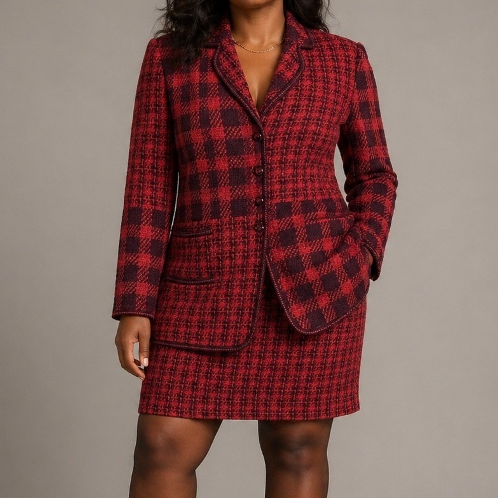 Vintage Escada Margaretha Ley Red Plaid Knit Skirt Suit Set Business 80s 90s